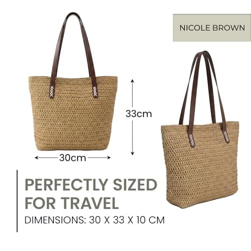 Nicole Brown Straw Tote Bag for Women Brown & Brown – Woven Summer Shoulder Bag with Zip Closure & Interior Zip Pocket, Lightweight Beach Shopper Tote for Holidays, Travel & Everyday Use — view 5