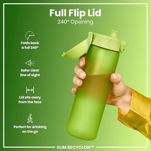 Ion8 Water Bottle, 500 ml/18 oz, Leak Proof, Easy to Open, Secure Lock, Dishwasher Safe, BPA Free, Hygienic Flip Cover, Carry Handle, Fits Cup Holders, Easy Clean, Carbon Neutral, Green — view 4