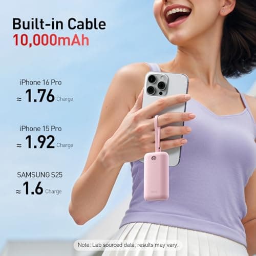 iWALK Power Bank Fast Charging 10,000mAh, 22.5W USB-C Portable Charger With Built-in Cable,Travel Essential Ultra-Small Battery Pack Compatible for iPhone 17/16 Pro/15, Samsung, Google, Pink — view 3