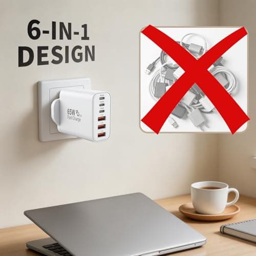 65W USB C Charger, 6-Port Multi Charger UK Plug, 3 Type-C & 3 USB-A — view 6