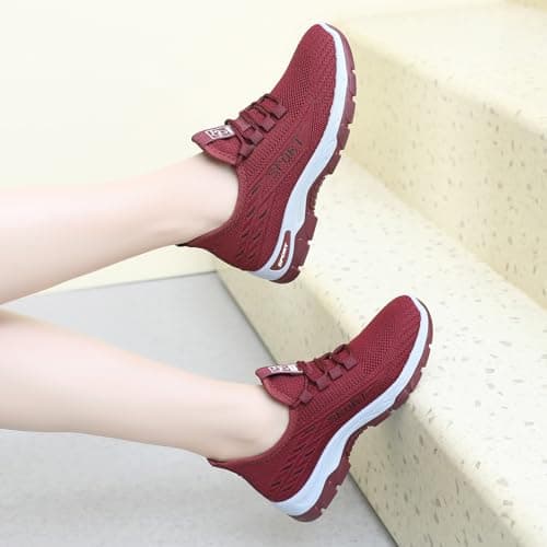 Unisex Walking Trainers Lace Up Knit Flat Soft Sole Breathable Sneakers Red — view 4