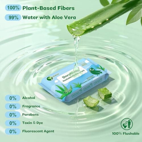 Dorahoney Travel Flushable Wet Wipes Mini, 99% Water with Aloe Vera, Unscented & Hypoallergenic for Sensitive Skin, Pocket Wipes Travel Essentials for Adults, Kids & Baby care, 8 Pack (48 Wipes Total) — view 3