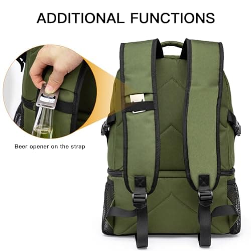 TUGUAN Insulated Cooler Backpack 28L Leakproof Cool Bag Rucksack Double Deck Bottom Thermal Compartment 16 Cans Picnic Backpack for Lunch, Beach, Camping, Green — view 6