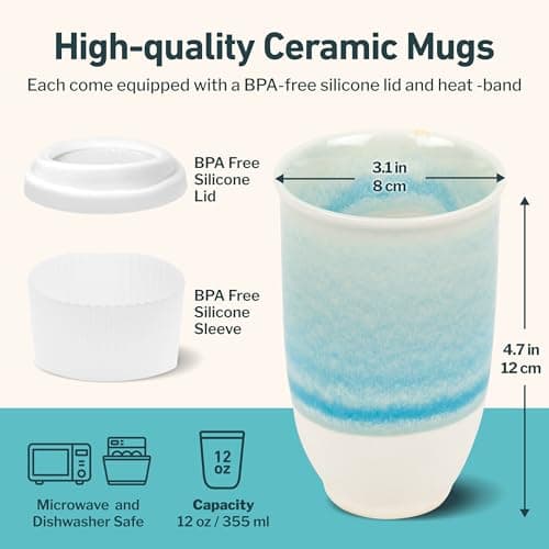 NOVA CERAMICS Travel Mug - Portable Coffee Mug – Coffee Mug Travel Unique to Go Mug – Microwave & Dishwasher Safe Coffee Cups Reusable - Gifts for Women Men Him Her – 355ml - Lagoon — view 3
