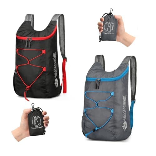 Sahunfri 2 Pcs Ultra Lightweight Backpack, Foldable Backpack Water Resistant Travel Rucksack, Multi-Functional Foldable Backpacks Womens Men For Camping, Hiking, Biking(Black Grey)