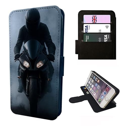 Motorbike Rider Wallet Phone Case Flip Cover Compatible with iPhone SE X XR 11 12 13 14 15 16 16E 17 Air Plus Mini Pro Max – Faux Leather Bold Motorcycle Print, Biker Gift for Men & Women Black