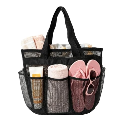 Ehuixinsheng Black Mesh Beach Bag,Lightweight Foldable Quick Dry Summer Net Beach Bag Handheld Hollow Mesh Tote Bags for Women for Family Holiday Travel Picnic Swimming Pool Grocery Organizer