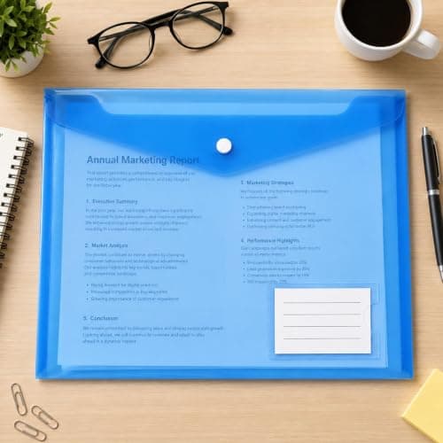 10 Pack A4 Folders with Snap Button and Label Pocket, 18C Thick Plastic Document Envelopes Waterproof, Assorted Colours Transparent File for School Office Travel — view 3