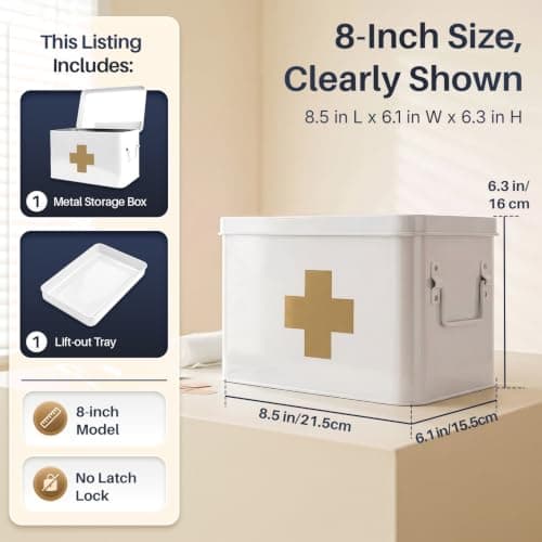 Flexzion Metal First Aid Box Empty, 8.5 Inch White Vintage First Aid Storage Box, First Aid Tin Container with Dividers, Removable Tray, Side Handles and Gold Cross Logo — view 4