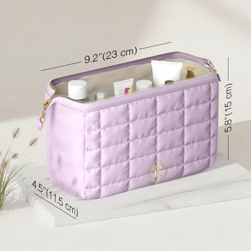Quilted Pink Makeup Bag for Women, Travel Toiletry Bag with Wide-Open Top & Zipper Pouch, Travel Makeup Case Organizer with Internal Pockets, Puffy Cosmetic Pouch for Everyday Essentials — view 4