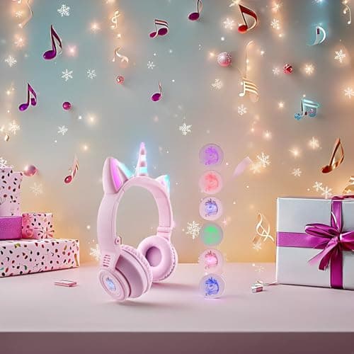 YUSONIC Unicorn Headphones, Bluetooth Headphones for Girls Boys Laptop Tablet, LED Lighting Kids Headphones for Birthday Travel School Gifts (Purple 27) — view 2