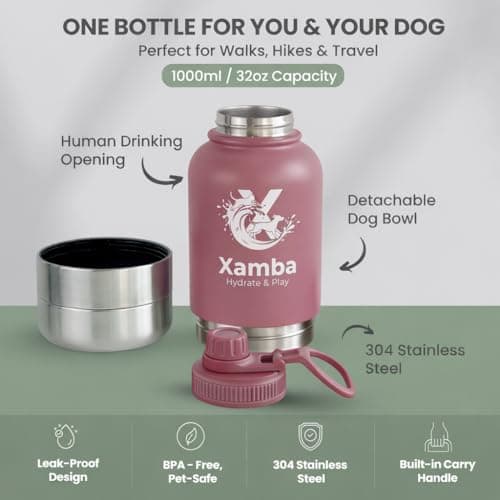 Xamba 3-in-1 Dog Travel Water Bottle 32oz (1000ml) – Stainless Steel Leak-Proof Pet Water Bottle with Detachable Food & Water Bowls for Walking, Hiking & Travel (Rose Pink) — view 2