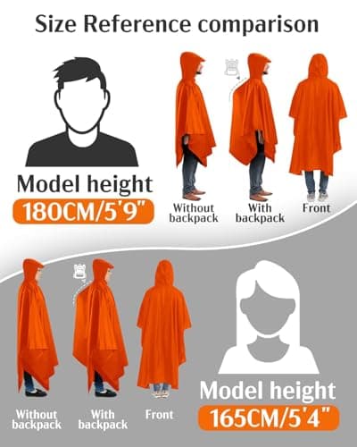 Lorrtta Adult Rain Poncho – Waterproof Reusable Hooded Poncho with Brim, Lightweight & Breathable Design for Camping, Hiking, and Travel Orange — view 5