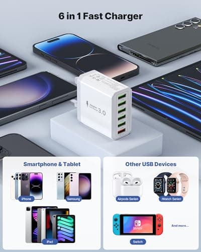 Tupneuf 2 Pack USB Plug UK, 33W 6 Port Multi Plug Multiport Charger Head with QC 3.0 Fast Charging, USB Wall Power Adapter for iPhone 16 15 14 13 12 11 10 8 7 Pro Max Plus, Samsung — view 6