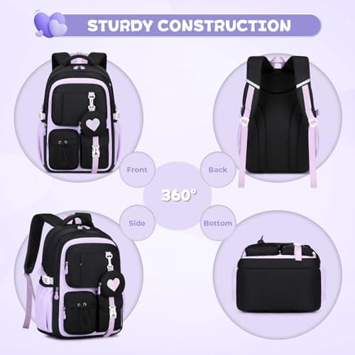 QIXIHU School Bag for Girls, Cute Aesthetic Kids Backpack for Primary School, Large Casual Rucksack Travel Bookbag with Heart Coin Purse — view 2