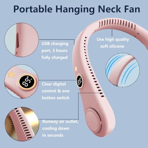 Portable Bladeless Neck Fan, USB Rechargeable Hanging Neck Fans, Digital Monitor Design, 5 Speeds Operated Adjustable 360° Airflow Cooling Wearable Fan for Men Women Indoor Outdoor Travelling (Pink) — view 4