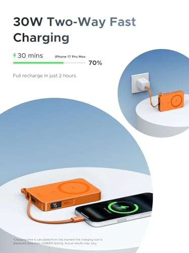 UGREEN MagFlow 10000mAh Qi2 25W MagSafe Power Bank Built-in Cable (Orange) — view 3
