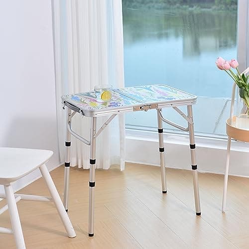 Yriuat Folding Camping Table 2ft Portable Pinic Table Adjustable Height Small Card Table Aluminum Foldable Lightweight with Carry Handle for Outdoor Indoor Hiking Camp BBQ Beach (Blooming Floral) — view 2