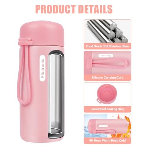 flintronic 150 ML Mini Thermal Flask, Stainless Steel Insulated Water Bottles, Double Wall Vacuum Small Flask, Leakproof Drinks Bottle with Carry Handle for Hot&Cold Drinks, Coffe, Juice - Pink — view 3