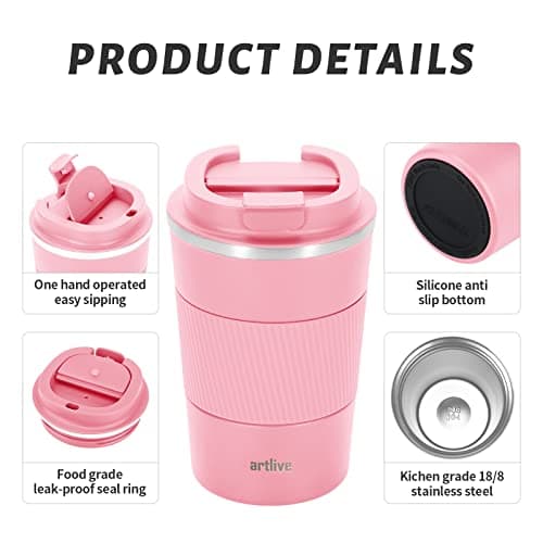Artlive Coffee Cup, Reusable, Insulated & Double Wall Travel Mug - Travel Cup Thermal Stainless Steel Eco-Friendly with Lid - Hot & Cold Coffee Mug (PinkGrip, 380 ml) — view 4