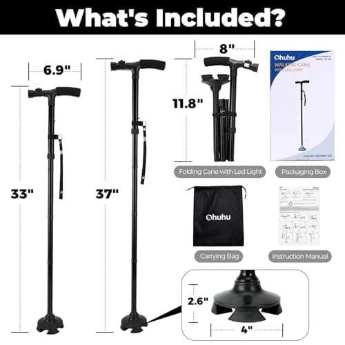 Walking Stick with LED Light, Ohuhu Folding Walking Sticks for Women & Men, Walking Cane with Strap and Carrying Bag, Adjustable Height Lightweight Portable, for Seniors — view 2