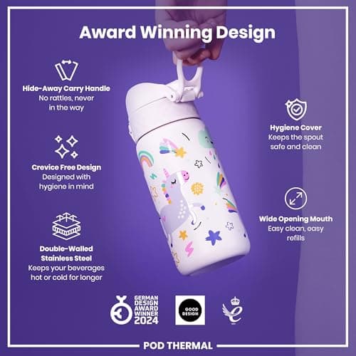 Ion8 Insulated Steel Water Bottle, 320 ml/11 oz, Leak Proof, Easy to Open, Secure Lock, Dishwasher Safe, Carry Handle, Flip Cover, Metal Water Bottle, Raised Print, Stainless Steel, Pink Unicorns — view 6
