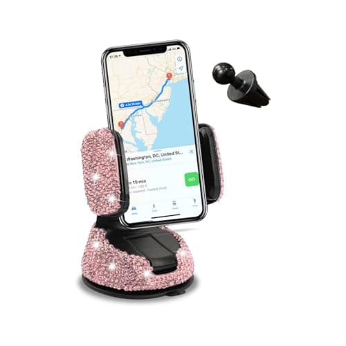 CGEAMDY Universal Bling Car Cell Phone Holder, 360°Adjustable Rhinestone Phone Mount with One More Air Vent Base, Crystal Car Interior Decoration, for Windshield, Dashboard and Air Vent (Pink)