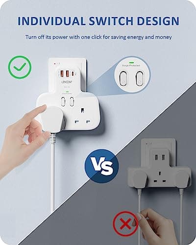 LENCENT Double Plug Adaptor With 3 USB Slots, Multi Plug Extension 2 Way — view 4