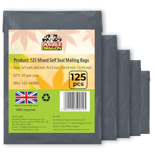 Double Dragon 125 Mixed Size Self-Seal Mailer Bags | Tamper-Proof Plastic Packaging for Mailing, Postage, Shipping & Delivery | Grey (5 Sizes | Small to Large | 25 Each)