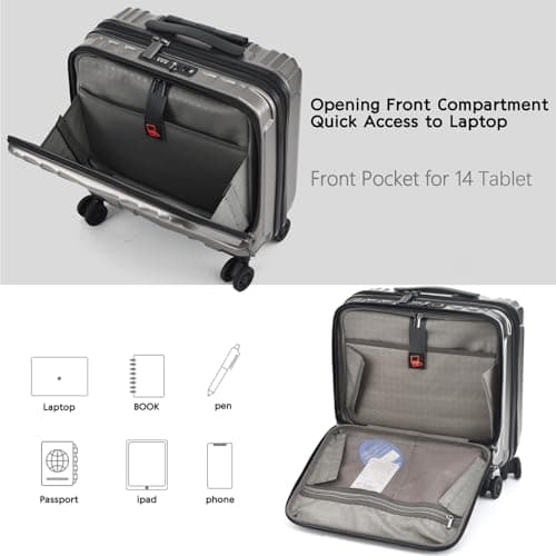 TydeCkare 16" Carry on Luggage with 2 Laptop Compartments, ABS+PC Suitcase with Dual Control TSA Lock, 4 Spinner Wheels, for Business Travel, Silver Grey — view 4