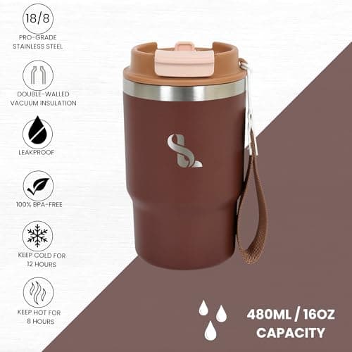 SimplyLivin Insulated Coffee Cup Travel Mug 480ml 16oz | Tumbler Flask with Straw & Spout Lid | Leakproof | 8H Hot 12H Cold | Reusable Coffee Cup | Stainless Steel Tumbler | Gift | Coffee Brown — view 6
