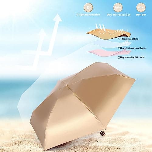 BOUBUI Mini Folding Umbrella, Ultra Light Compact Umbrella, Rainproof & 99% UV Protection Parasol, Titanium Gold + White — view 4