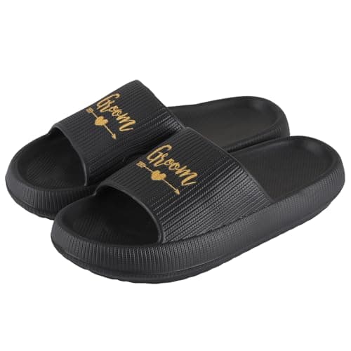 Fabstory Groom Slides for Men Black Groom Sandals for Bachelor Party Wedding Day Gifts, Black, 9.5-10.5 — view 3