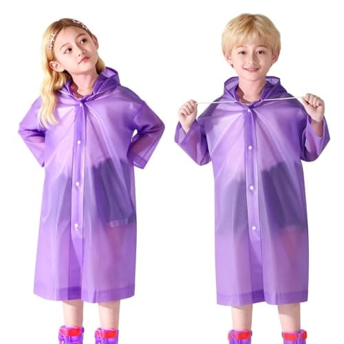 AropaeenGlowry 2pcs Kids Waterproof Rain Poncho with Hood & Sleeves - Reusable EVA Raincoat for Boys Girls, Camping & Travel, Purple