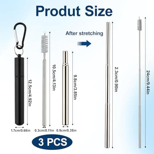 Metal Straws Reusable with Case and Cleaning Brush, Stainless Steel Collapsible Telescopic Drinking Straw, Portable Travel Metal Straw Set for Home Office and Travel Use (Black) — view 2