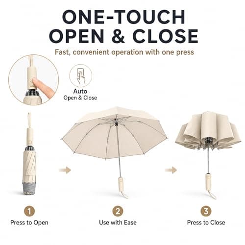 SFDRANVEX Automatic Compact Travel Umbrella Windproof Folding UV Sun Protection Lightweight Strong Frame(​Light Khaki) — view 3