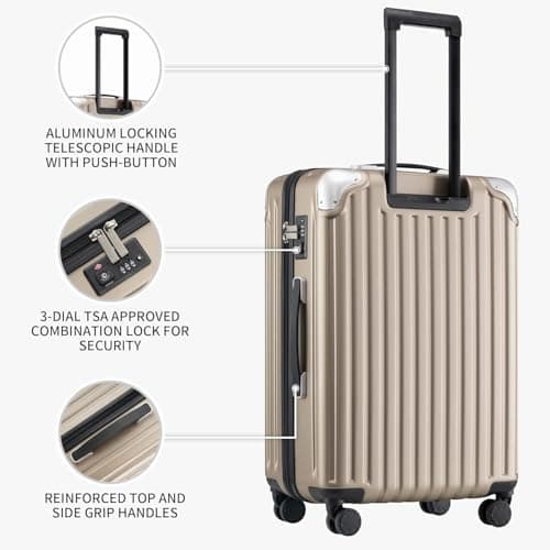 LEVEL8 Suitcase Set of 3, Carry-on Travel Luggage ABS+PC Hardshell Spinner Trolley for Business with Laptop Compartment, TSA (Champagne, 36L/68L/104L,3 Pcs Set) — view 3