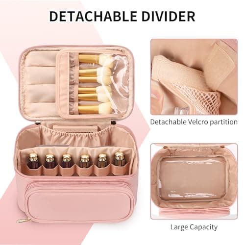 Large Makeup Bag Travel Cosmetic Bag with Makeup Brushes Compartment Pink — view 2