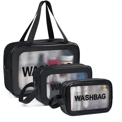 Woobroo Clear Travel Toiletries Bag for Women, 3 Pack Toiletry Bags with Zippers Travel Essentials PVC Waterproof Cosmetic Clear Wash Bag for Girls, Black