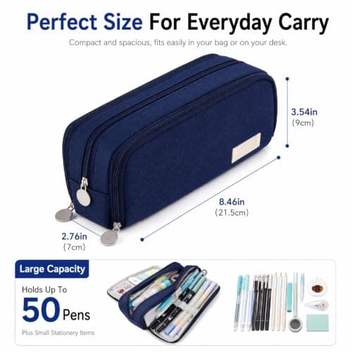 Large Capacity Pencil Case 3 Compartment Pouch Pen Bag for School, Navy — view 6