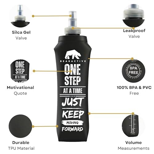 Bearactive Lightweight Running Water Bottle Soft Flask 500ml - TPU BPA Free Plastic, Leak Proof Foldable Water Bottle, Collapsible Bottle for Running Vests & Belts (Black 2 x Soft Flask) — view 4