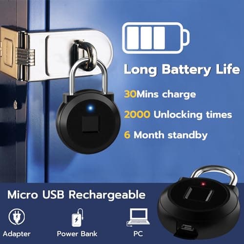 Eseesmart Fingerprint Padlock, Gym Locker with Fingerpirnt Bluetooth APP Control, Smart Fingerprint Lock, Keyless Outdoor Waterproof Security Suitcase Luggage School Backpack-Black — view 4