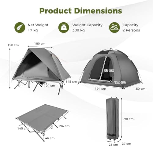 COSTWAY 2 Person Foldable Camping Tent, Elevated Tent Cot with Camping Bed, Waterproof Rainfly, 2 Mesh Doors and Wheeled Bag, Portable Outdoor Dome Tent (Round, Grey, 194 x 145 x 150 cm) — view 6
