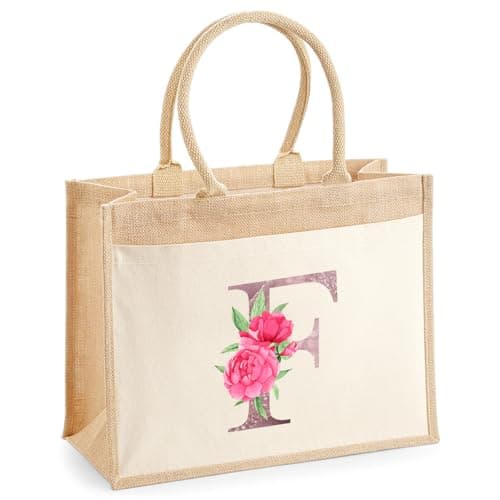 Chicken Craft Personalised Jute Tote Bag with Floral Initial - Custom Rose Gold Letter - Womens Hessian Cotton Canvas with Contrast Handles - Lunch, Shopping, Beach, Books - Gift for Her