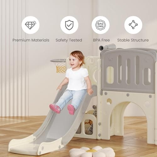 hoopyosms Toddler Slide with Climbing Ladder, Tunnel and Basketball Hoop, Indoor Outdoor Garden Slide Set for Kids, Children's Playground Toy, Montessori Play Equipment, Grey — view 6