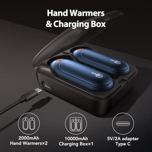 J-BRAUV Electric Hand Warmers Rechargeable 2 Pack, 2000mAh Reusable Hand Warmers with Charging Case 10000mAh, 5 Levels Heat Double Sided USB C Hand Warmer Up to 24H Heating, Golf Gifts for Men Women — view 5