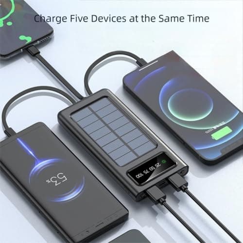 Solar Power Bank, with Built-in Cables, LCD Display, 5-Device Charging, Black/White (White, Milliamp Hours, 30000.0) — view 4