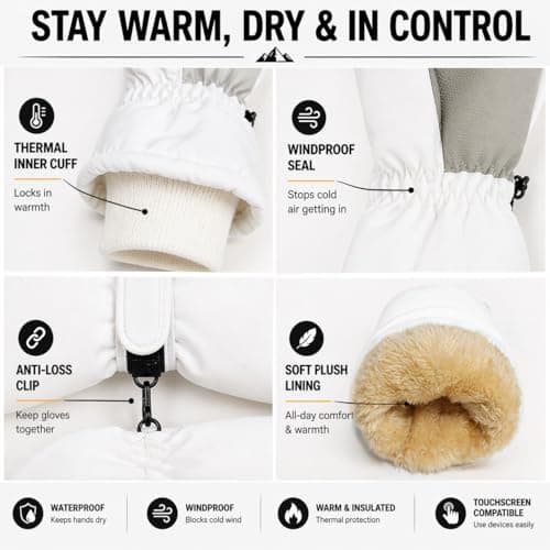 Trassan Ski Gloves for Men & Women – Waterproof Thermal Winter Gloves, Windproof, Touchscreen Compatible (White, Women's Medium) — view 2