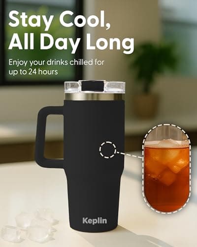 Keplin 40 oz / 1200 ml Insulated Travel Tumbler – Double Wall Stainless Steel Cup with Leak-Proof Lid, Thermal Flask Keeps Drinks Hot & Cold, Dishwasher Safe, Fits Car Cup Holders - Black — view 6