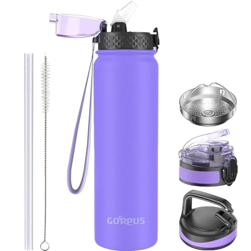 GOPPUS 1L/32oz Stainless Water Bottle with Straw Double Wall Insulated Bottles with Strap Reusable Vacuum Thermal Flask Leakproof Keep Cold Drinks Bottles with Flip Top Lid BPA Free (Purple)
